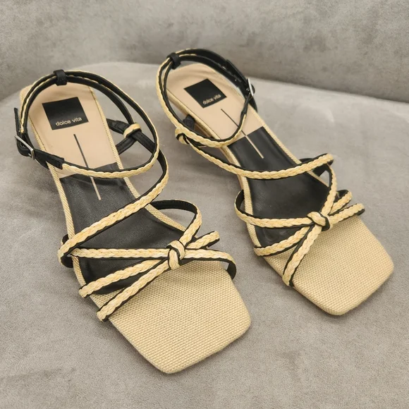 Dolce Vita Sandals 10 Tan Woven Dainty Strappy Bev Kitten Heel Square New $120 - Picture 3 of 16